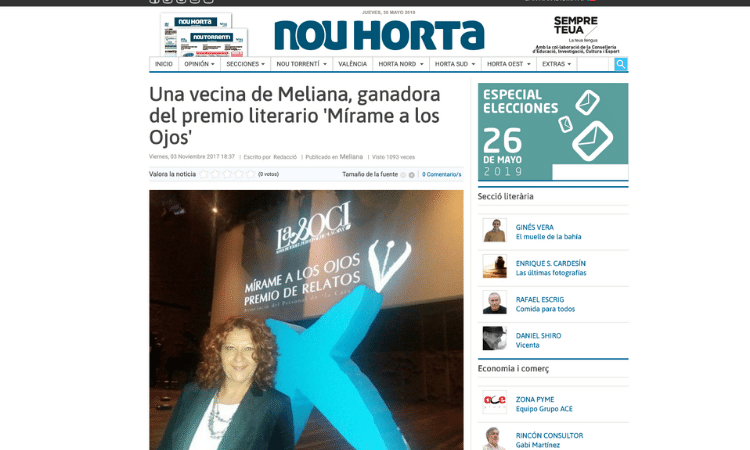 Articulo periódico Nou Horta sobre Luz Ros y el premio Mírame a los Ojos de La Caixa