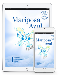 Dispositivos con portada e-book Mariposa Azul, fondo cielo y acuarela mariposa.